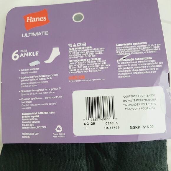 Hanes Socks Womens Shoe Size 5-9 Black Ultimate Soft Cushioned Ankle 6 Pairs - Picture 3 of 4